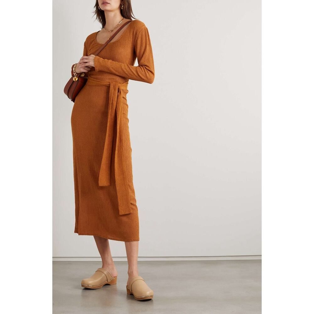SAVANNAH MORROW THE LABEL Rum belted crinkled silk blend midi dress Small